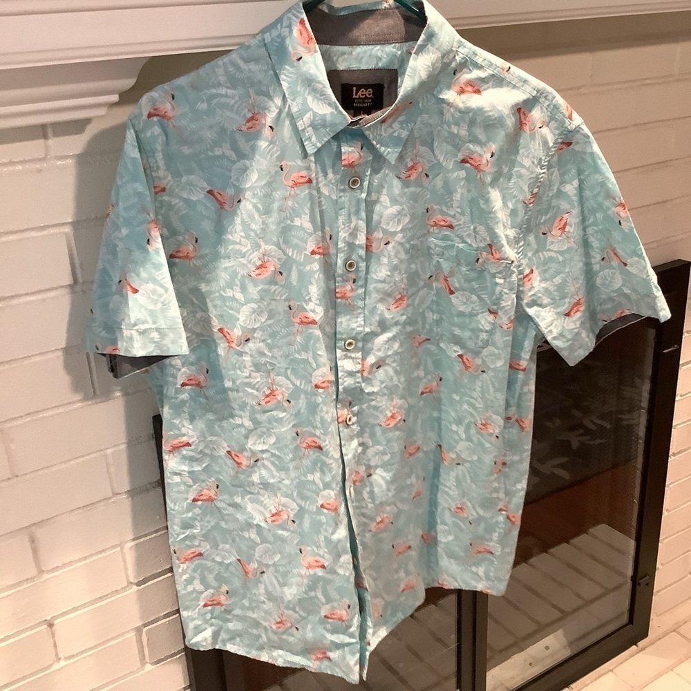Men’s Lee Flamingo Hawaiian Button Up Shirt Sz Large